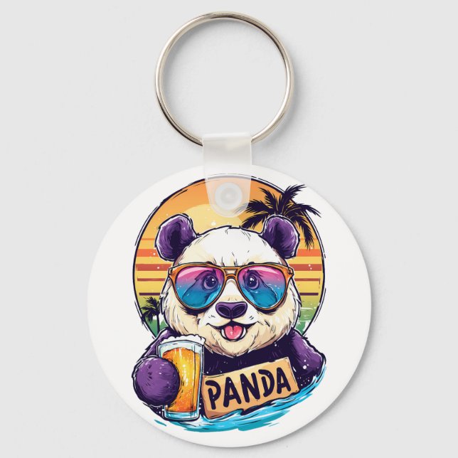 Cool Panda: Retro Summer & Beer Vibes Keychain (Front)