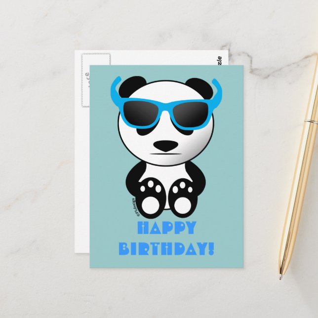 Cool panda with sunglasses | Happy Birthday blue Postcard (Front/Back In Situ)