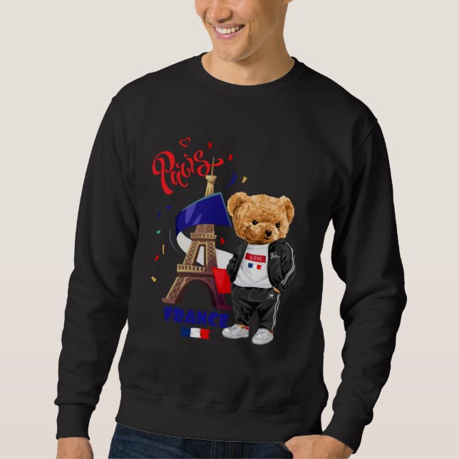 Cool Parisian Teddy Bear in Pari Eiffel Tower Outf Sweatshirt (Front)