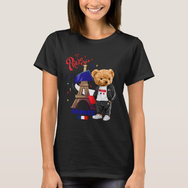Cool Parisian Teddy Bear in Pari Eiffel Tower Outf T-Shirt (Front)
