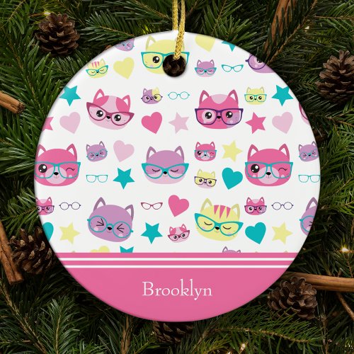 Cool Pastel Cats w Glasses Pattern Pink Christmas Ceramic Ornament