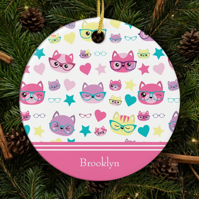 Cool Pastel Cats w Glasses Pattern, Pink Christmas Ceramic Ornament (Creator Uploaded)