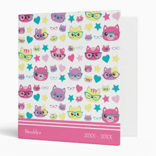 Cool Pastel Cats With Glasses Pattern, Pink 3 Ring Binder