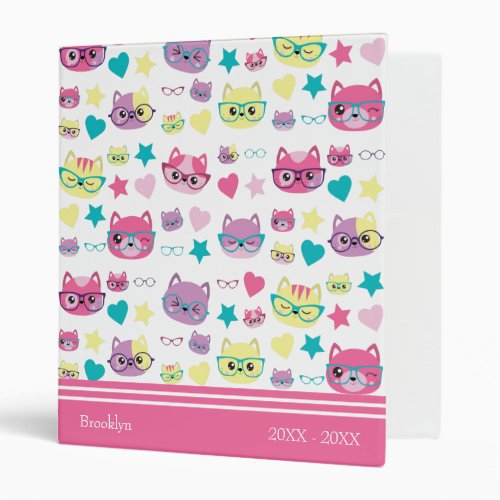 Cool Pastel Cats With Glasses Pattern Pink 3 Ring Binder