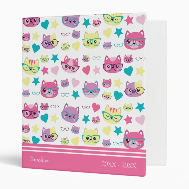 Cool Pastel Cats With Glasses Pattern, Pink 3 Ring Binder (Front/Inside)