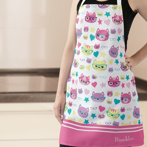 Cool Pastel Cats With Glasses Pattern Pink Apron