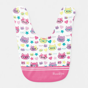 Cool Pastel Cats With Glasses Pattern, Pink Baby Bib