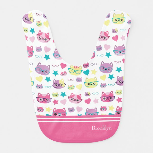 Cool Pastel Cats With Glasses Pattern, Pink Baby Bib (Front)