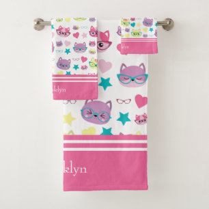 Cool Pastel Cats With Glasses Pattern, Pink Bath Towel Set
