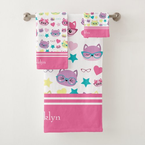 Cool Pastel Cats With Glasses Pattern Pink Bath Towel Set