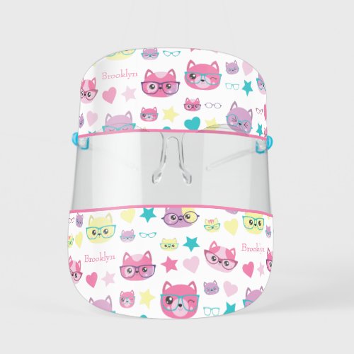 Cool Pastel Cats With Glasses Pattern Pink Kids Face Shield