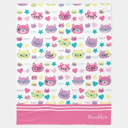 Cool Pastel Cats With Glasses Pattern Pink Fleece Blanket