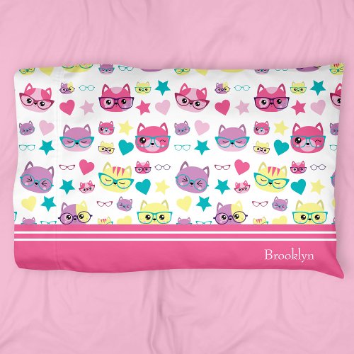 Cool Pastel Cats With Glasses Pattern Pink Pillow Case