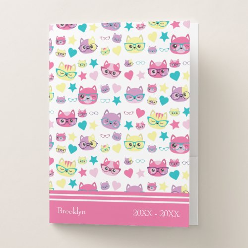 Cool Pastel Cats With Glasses Pattern Pink Pocket Folder