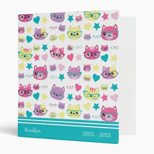 Cool Pastel Cats With Glasses Pattern Teal 3 Ring Binder