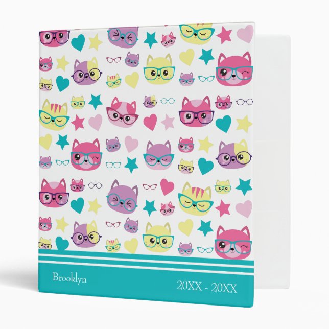 Cool Pastel Cats With Glasses Pattern, Teal 3 Ring Binder (Front/Inside)