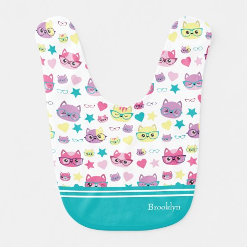 Cool Pastel Cats With Glasses Pattern Teal Baby Bib