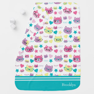Cool Pastel Cats With Glasses Pattern, Teal Baby Blanket