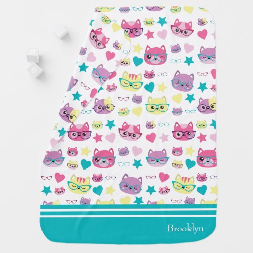 Cool Pastel Cats With Glasses Pattern Teal Baby Blanket