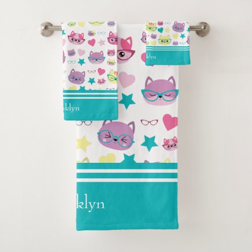 Cool Pastel Cats With Glasses Pattern Teal Bath Towel Set