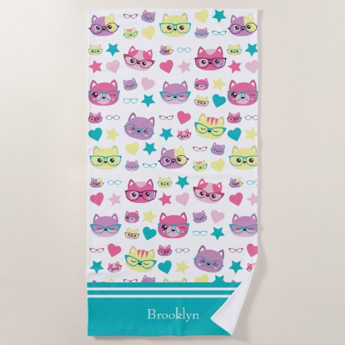 Cool Pastel Cats With Glasses Pattern Teal Beach Towel