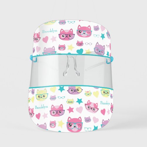 Cool Pastel Cats With Glasses Pattern Teal Kids Face Shield