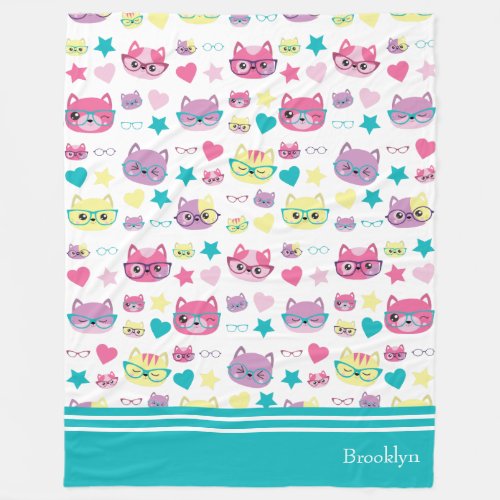 Cool Pastel Cats With Glasses Pattern Teal Fleece Blanket