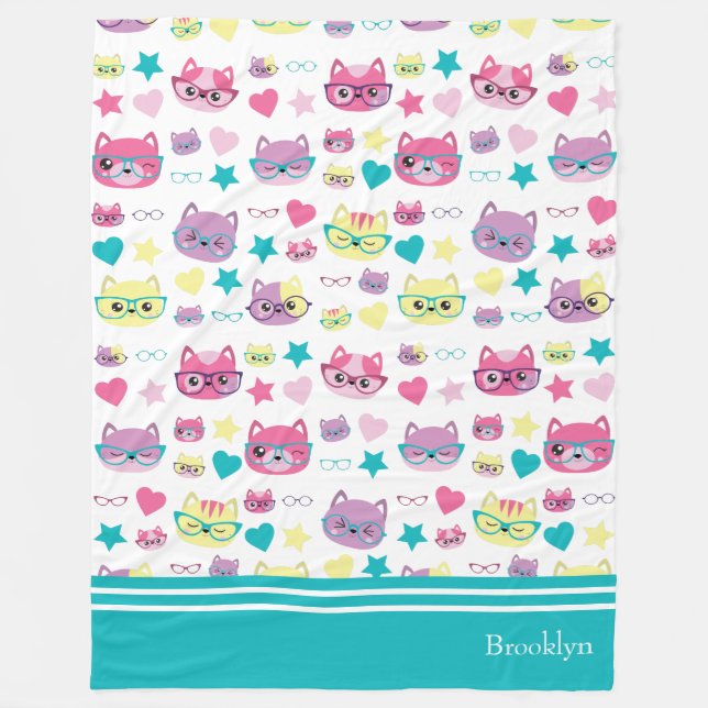 Cool Pastel Cats With Glasses Pattern, Teal Fleece Blanket (Front)