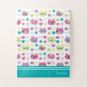 Cool Pastel Cats With Glasses Pattern, Teal Jigsaw Puzzle