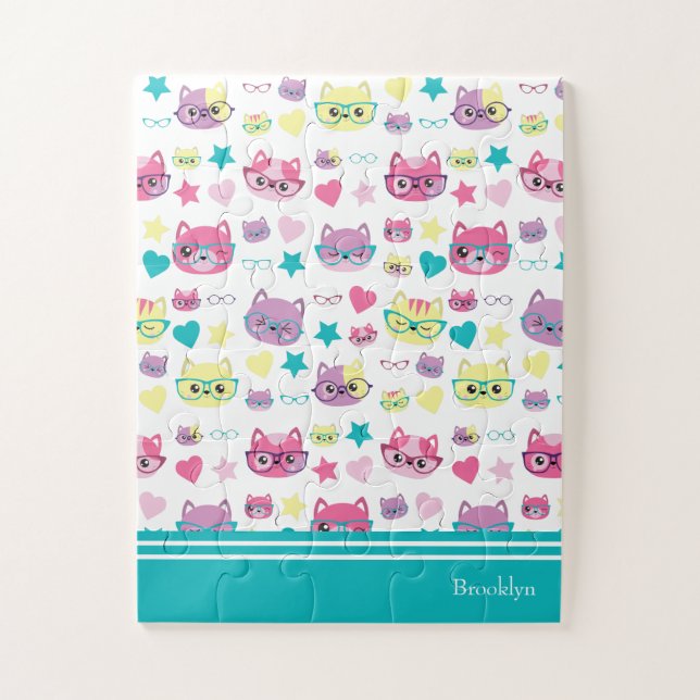 Cool Pastel Cats With Glasses Pattern, Teal Jigsaw Puzzle (Vertical)