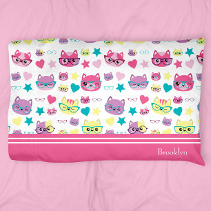 Cool Pastel Cats With Glasses Pattern, Teal Pillow Case