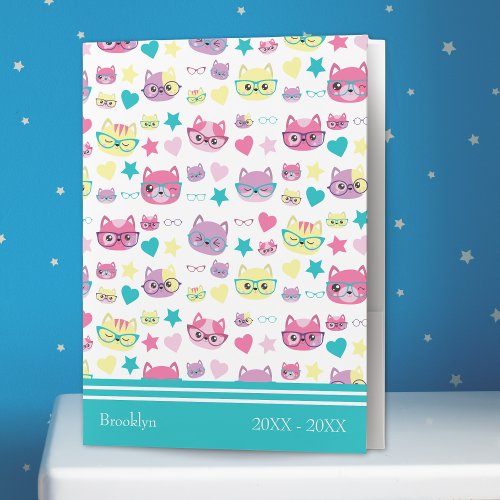 Cool Pastel Cats With Glasses Pattern Teal Pocket Folder