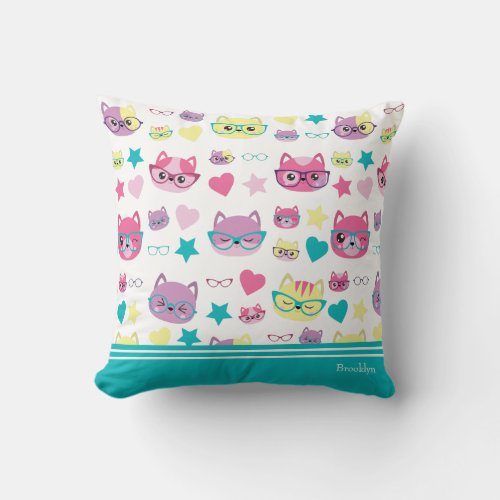 Cool Pastel Cats With Glasses Pattern Teal Throw Pillow