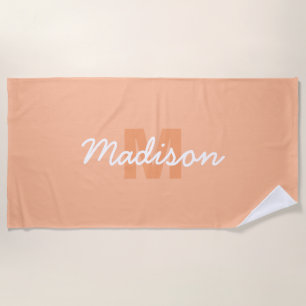 Cool pastel peach color with Custom Monogram name Beach Towel