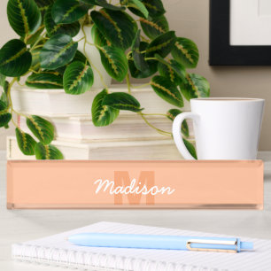 Cool pastel peach color with Custom Monogram name Desk Name Plate