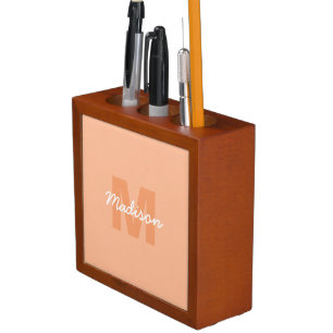 Cool pastel peach color with Custom Monogram name Desk Organizer