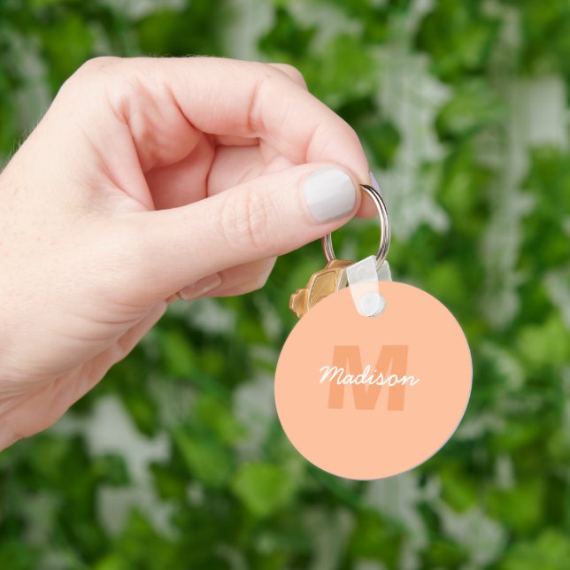 Cool pastel peach color with Custom Monogram name Keychain (Hand)