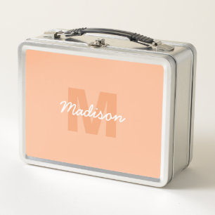 Cool pastel peach color with Custom Monogram name Metal Lunch Box