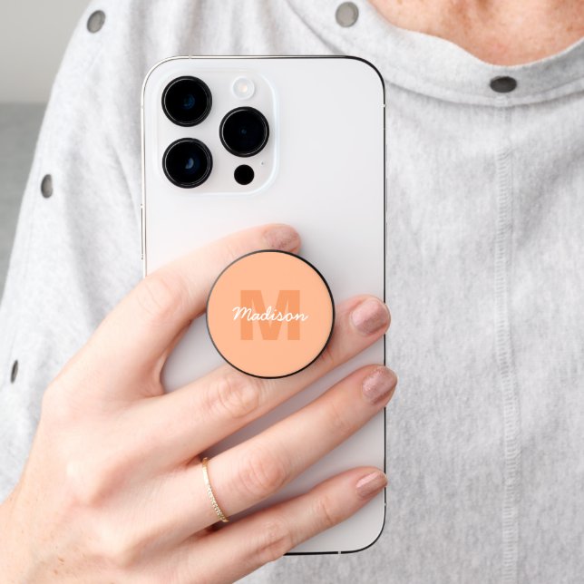 Cool pastel peach color with Custom Monogram name PopSocket (Hand)