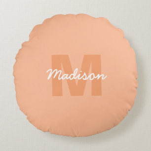 Cool pastel peach color with Custom Monogram name Round Pillow