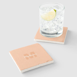 Cool pastel peach color with Custom Monogram name Stone Coaster