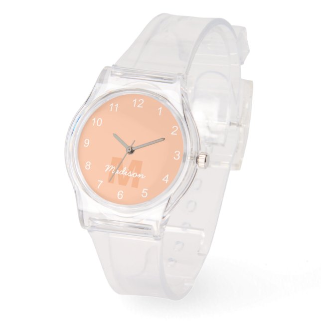 Cool pastel peach color with Custom Monogram name Watch (Angle)