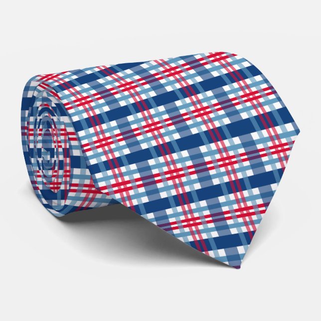 cool Patriotic red white blue plaid Neck Tie (Rolled)