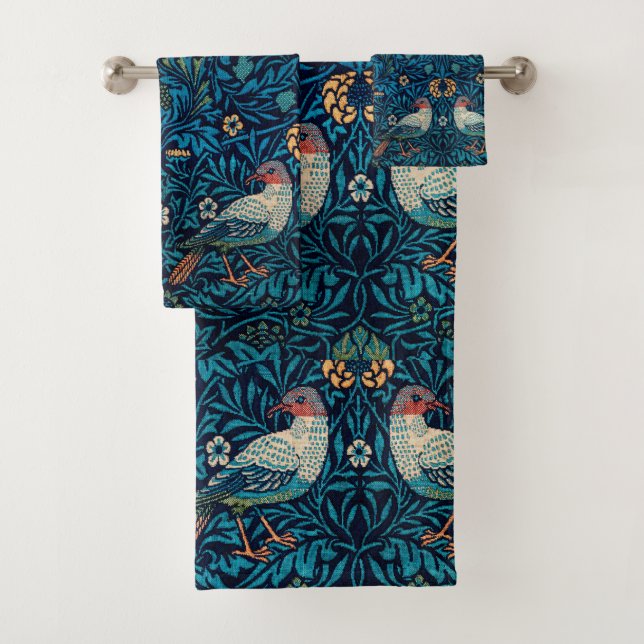 Cool pattern William Morris Birds Strawberry Blue Bath Towel Set (Insitu)