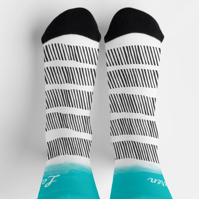 cool patterned black white turquoise add your name socks (Top)
