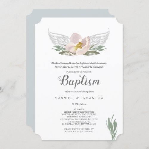 Cool Peach Watercolor Florals Angel Wings Baptism Invitation