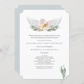 Cool Peach Watercolor Florals Angel Wings Baptism Invitation by VGInvites at Zazzle