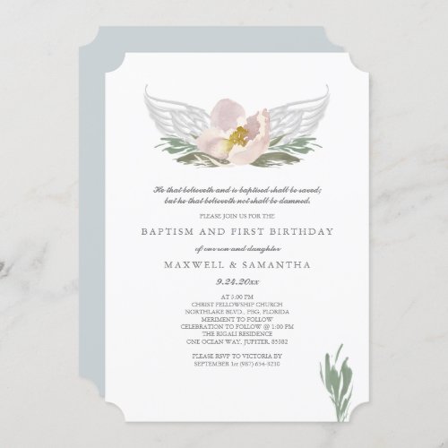 Cool Peach Watercolor Florals Angel Wings Baptism Invitation