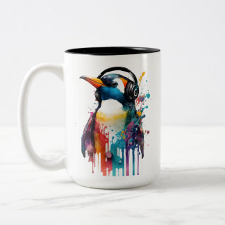 Cool Penguin Coffee Mug, Wearing Headphones! Two-Tone Coffee Mug