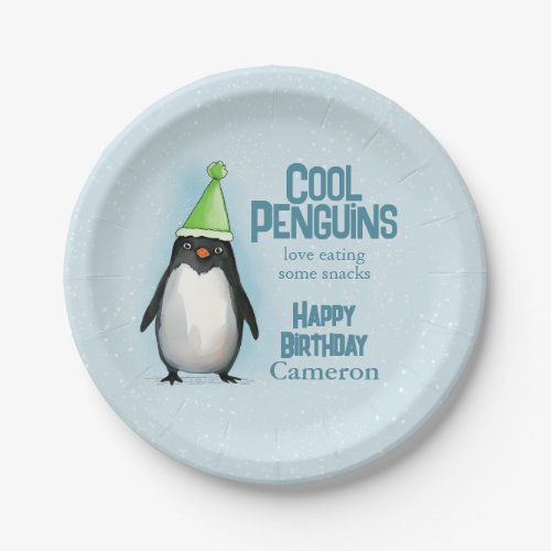 Cool Penguin green hat celebrate kids birthday Paper Plates